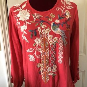 Johnny Was Melon Embroidered Shirt Top M